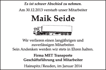 Traueranzeige von Maik Seide von Super Sonntag Wittenberg