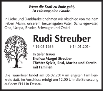 Traueranzeige von Rudi Streuber von Super Sonntag Dessau / Köthen