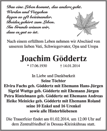 Traueranzeige von Joachim Göddertz von Super Sonntag Dessau / Köthen