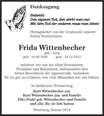 Traueranzeige von Frida Wittenbecher von Super Sonntag Bernburg