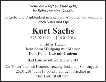 Traueranzeige von Kurt Sachs von WVG - Wochenspiegel Merseburg