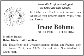 Traueranzeige von Irene Böhme von WVG - Wochenspiegel Merseburg