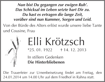 Traueranzeige von Elli Krötzsch von WVG - Wochenspiegel NMB / WSF / ZTZ