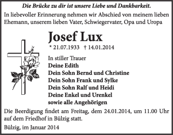 Traueranzeige von Josef Lux von Super Sonntag Wittenberg
