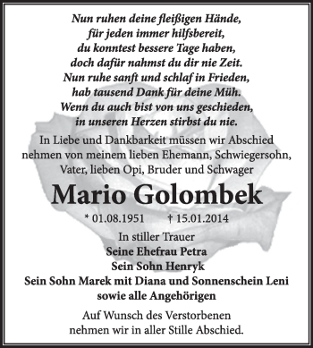 Traueranzeige von Mario Golombek von Super Sonntag Dessau / Köthen