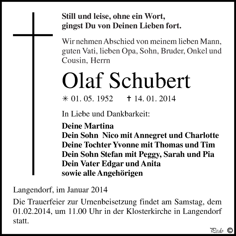  Traueranzeige für Olaf Schubert vom 22.01.2014 aus WVG - Wochenspiegel NMB / WSF / ZTZ