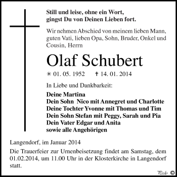 Traueranzeige von Olaf Schubert von WVG - Wochenspiegel NMB / WSF / ZTZ