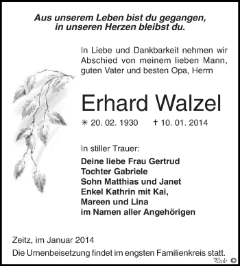Traueranzeige von Erhard Walzel von Super Sonntag Zeitz