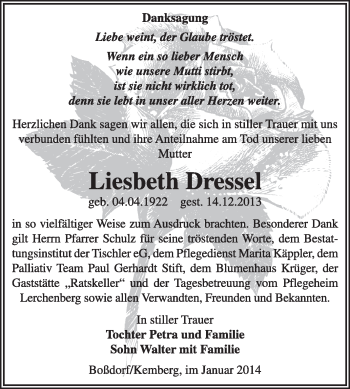 Traueranzeige von Liesbeth Dressel von Super Sonntag Wittenberg