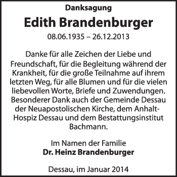 Traueranzeige von Edith Brandenburger von Super Sonntag Dessau / Köthen