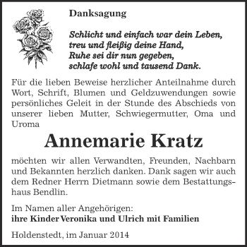 Traueranzeige von Annemarie Kratz von WVG - Wochenspiegel SGH