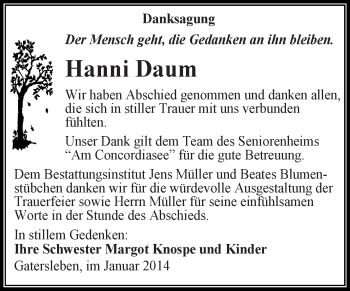 Traueranzeige von Hanni Daum von Super Sonntag Aschersleben