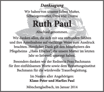 Traueranzeige von Ruth Paul von Super Sonntag Dessau / Köthen