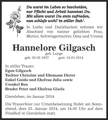 Traueranzeige von Hannelore Gilgasch von Super Sonntag Aschersleben