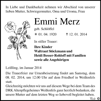 Traueranzeige von Emmi Merz von WVG - Wochenspiegel NMB / WSF / ZTZ