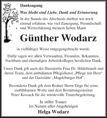 Traueranzeige von Günther Wodarz von WVG - Wochenspiegel Dessau / Köthen