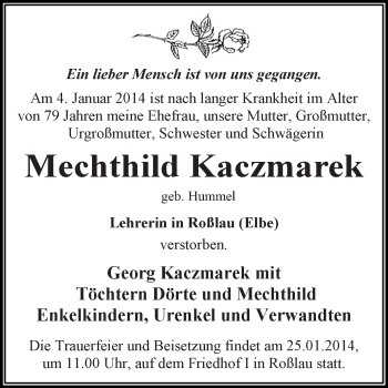 Traueranzeige von Mechthild Kaczmarek von WVG - Wochenspiegel Dessau / Köthen