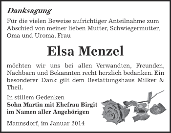 Traueranzeige von Elsa Menzel von Super Sonntag Zeitz