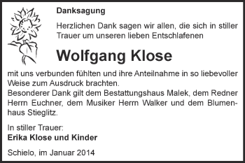 Traueranzeige von Wolfgang Klose von Super Sonntag Quedlinburg
