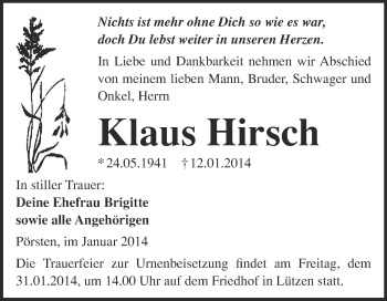 Traueranzeige von Klaus Hirsch von WVG - Wochenspiegel Merseburg