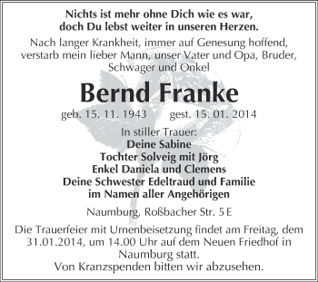 Traueranzeige von Bernd Franke von WVG - Wochenspiegel NMB / WSF / ZTZ