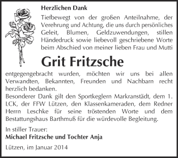 Traueranzeige von Grit Fritzsche von WVG - Wochenspiegel Merseburg