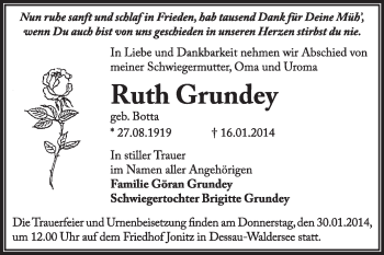 Traueranzeige von Ruth Grundey von Super Sonntag Dessau / Köthen