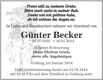 Traueranzeige von Günter Becker von WVG - Wochenspiegel Dessau / Köthen