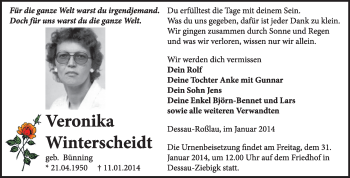 Traueranzeige von Veronika Winterscheidt von Super Sonntag Dessau / Köthen