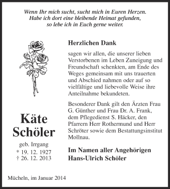 Traueranzeige von Käte Schöler von Super Sonntag Merseburg