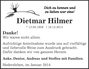 Traueranzeige von Dietmar Hilmer von Wochenspiegel Mansfelder Land