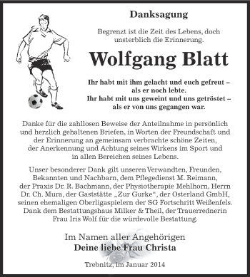 Traueranzeige von Wolfgang Blatt von Super Sonntag Zeitz