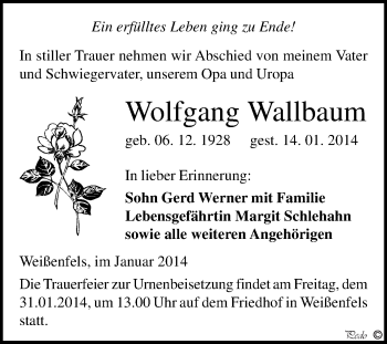 Traueranzeige von Wolfgang Wallbaum von WVG - Wochenspiegel NMB / WSF / ZTZ