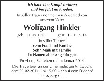 Traueranzeige von Wolfgang Hinkler von WVG - Wochenspiegel NMB / WSF / ZTZ