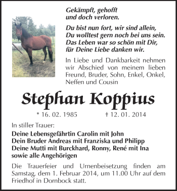 Traueranzeige von Stephan Koppius von Super Sonntag Dessau / Köthen