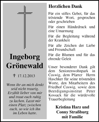 Traueranzeige von Ingeborg Grönewald von Super Sonntag Dessau / Köthen