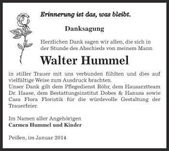 Traueranzeige von Walter Hummel von Super Sonntag Bernburg