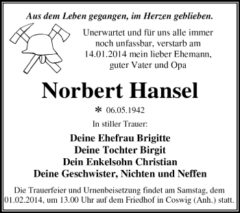 Traueranzeige von Norbert Hansel von Super Sonntag Dessau / Köthen