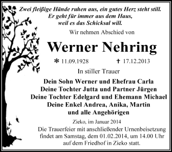 Traueranzeige von Werner Nehring von Super Sonntag Dessau / Köthen