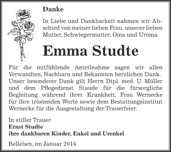 Traueranzeige von Emma Studte von Super Sonntag Bernburg