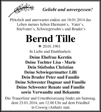 Traueranzeige von Bernd Tille von Super Sonntag Dessau / Köthen