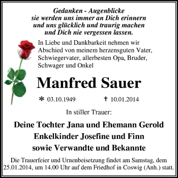 Traueranzeige von Manfred Sauer von Super Sonntag Dessau / Köthen