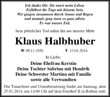 Traueranzeige von Klaus Halbhuber von Super Sonntag Dessau / Köthen