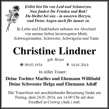 Traueranzeige von Christine Lindner von Super Sonntag Dessau / Köthen
