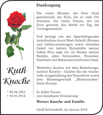 Traueranzeige von Ruth Knoche von WVG - Wochenspiegel Aschersleben