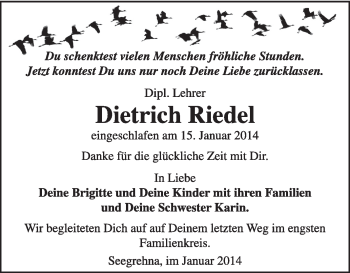 Traueranzeige von Dietrich Riedel von Super Sonntag Wittenberg