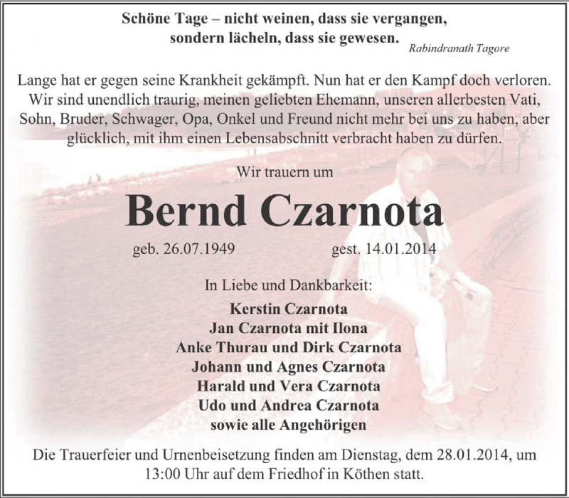  Traueranzeige für Bernd Czarnota vom 22.01.2014 aus WVG - Wochenspiegel Dessau / Köthen