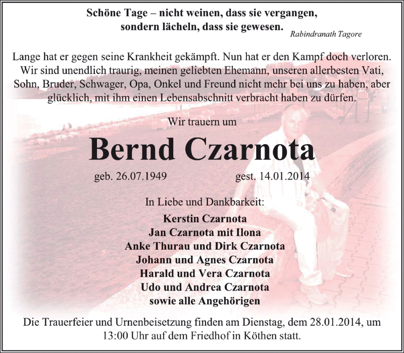  Traueranzeige für Bernd Czarnota vom 19.01.2014 aus Super Sonntag Dessau / Köthen