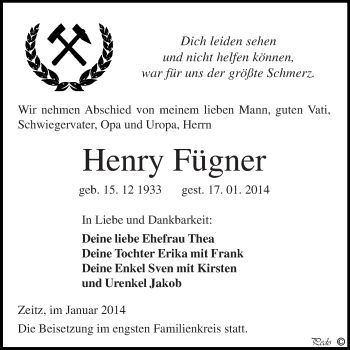 Traueranzeige von Henry Fügner von Super Sonntag Zeitz