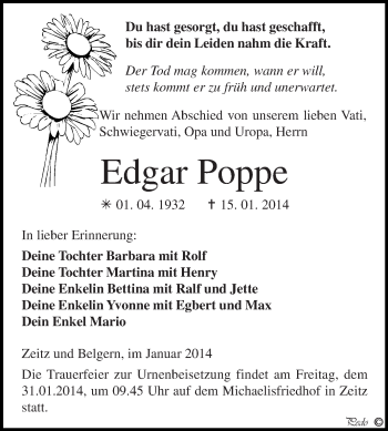 Traueranzeige von Edgar Poppe von Super Sonntag Zeitz
